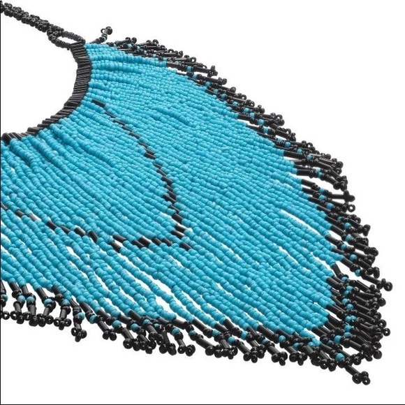 Turquoise & Black Glass Seed & Multi Strand Boho Handkerchief Necklace - Picture 9 of 13